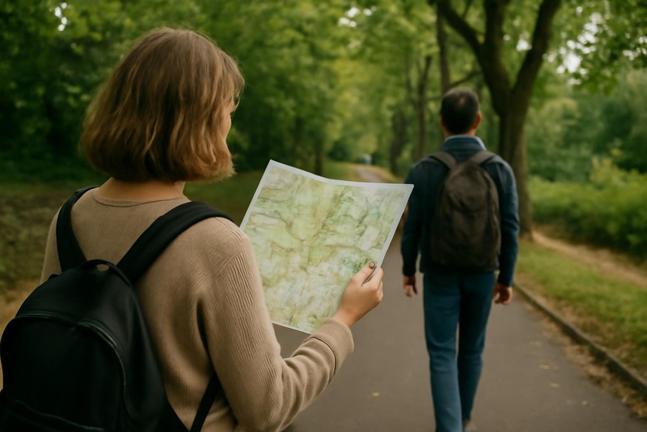 Person reading a paper map while another walks ahead on a tree-lined street