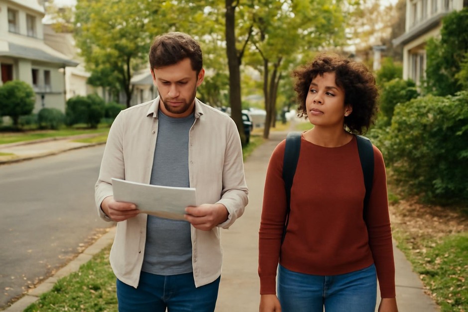 People walking along a neighborhood street, one following a map and another looking around curiously