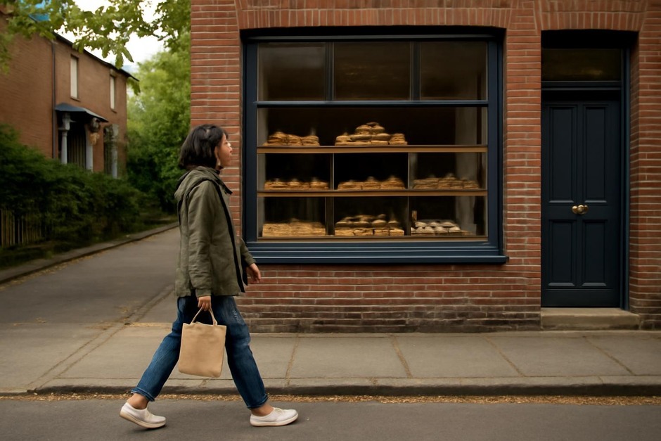 A small street with a bakery window and a person walking home with a paper bag